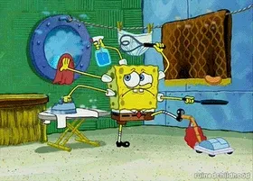 SpongeBob robiący naraz kilka rzeczy: prasuje, odkurza, myje okno i wiesza pranie